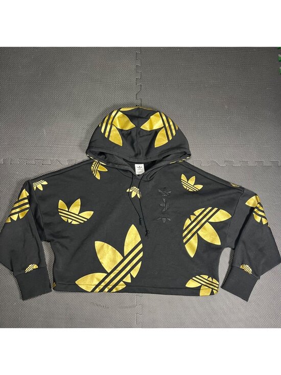 adidas Tops - Adidas Black & Gold Trefoil Logo Cropped Hoodie Womens L